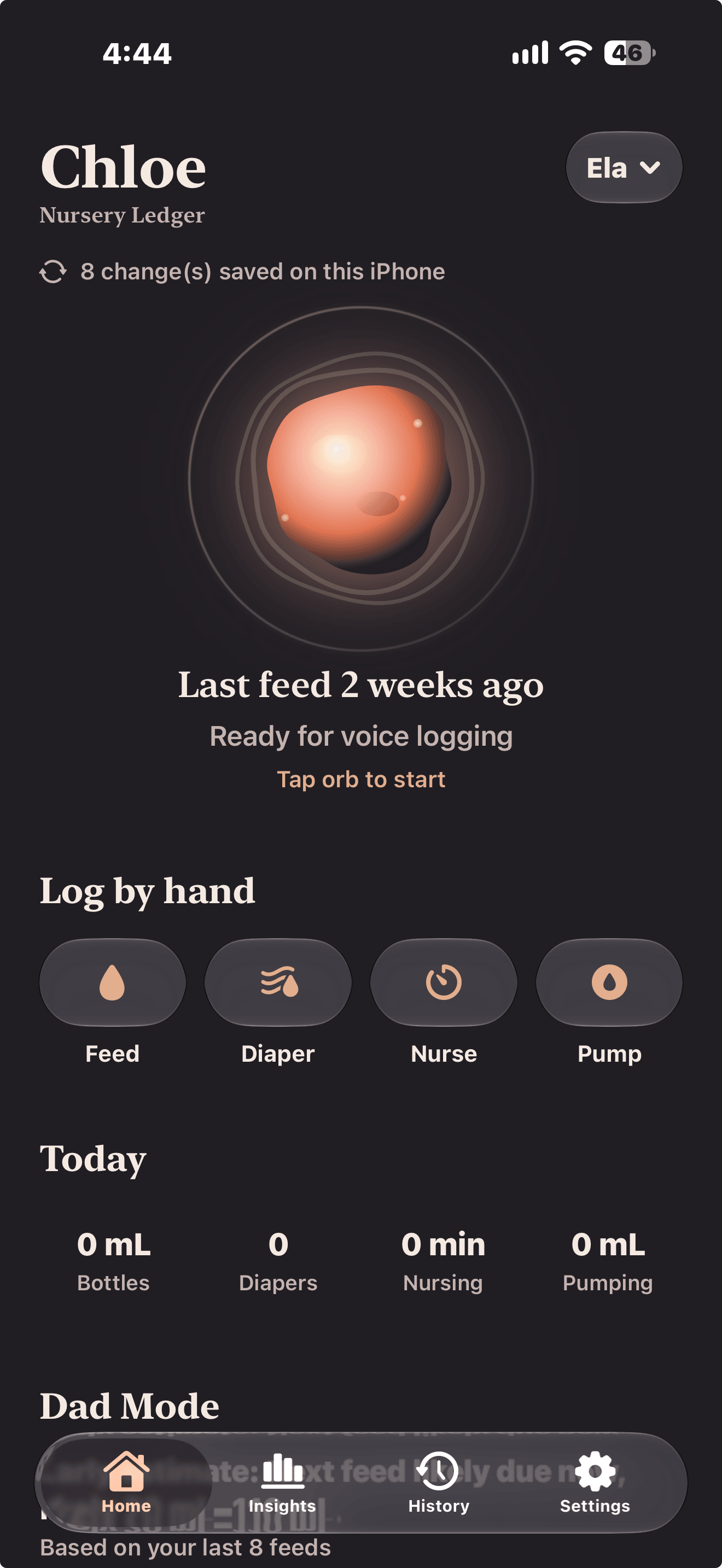 The current Chloe iPhone app home screen with its native logging controls.