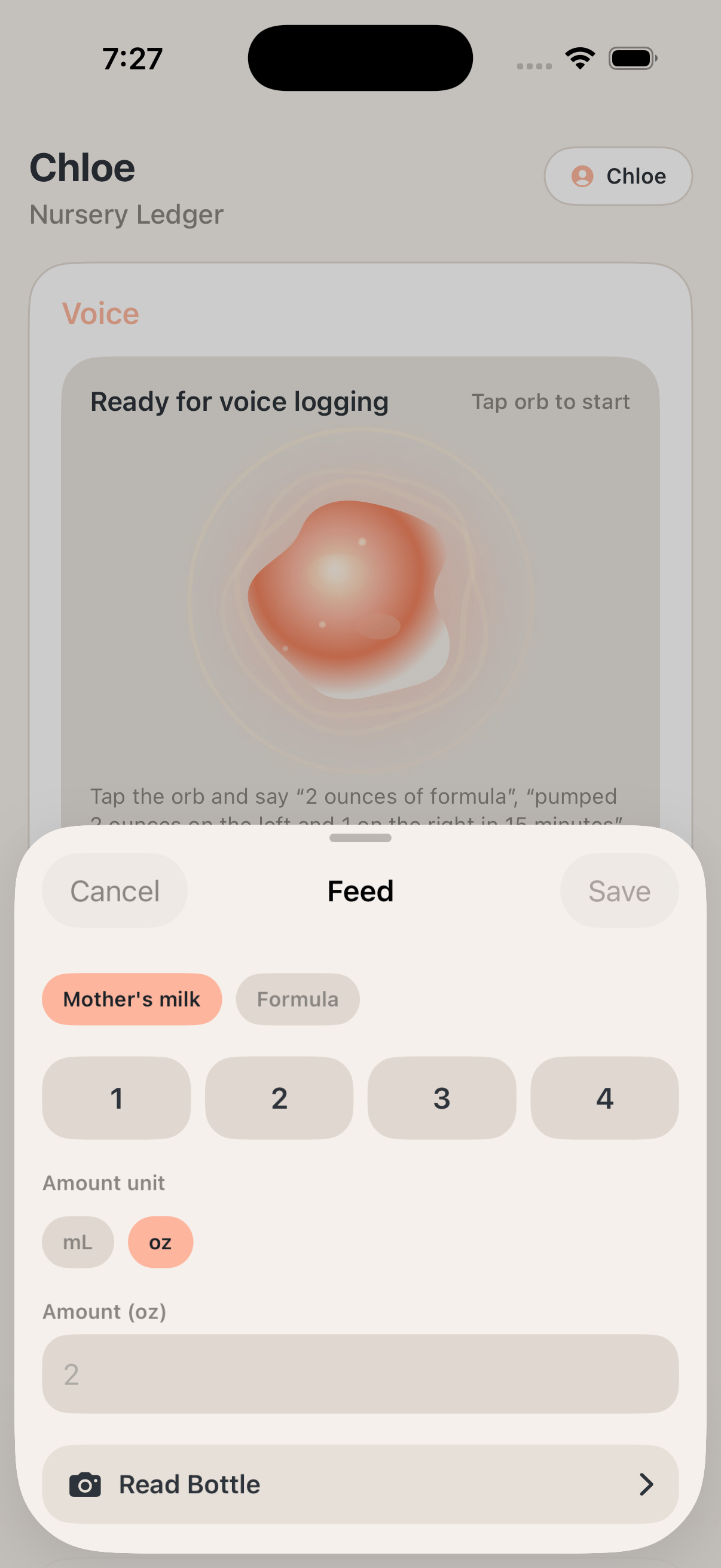 Chloe: Nursery Ledger feed sheet showing amount presets and units.