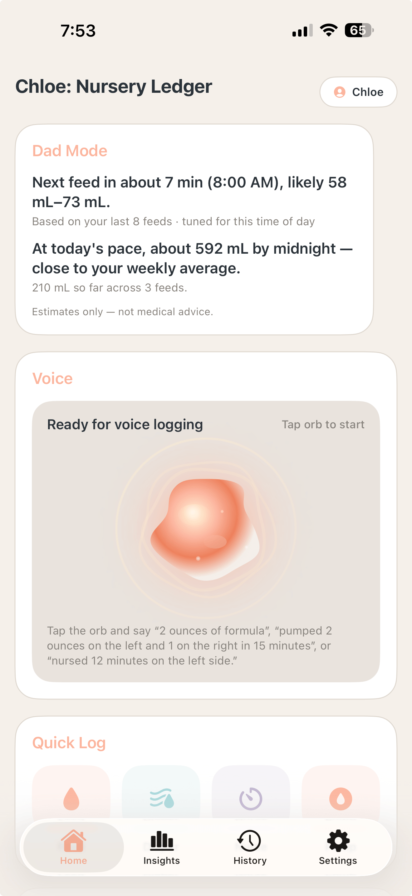 Chloe: Nursery Ledger home screen in dark mode showing the Dad Mode card with next-feed estimate and daily intake projection above the voice orb.