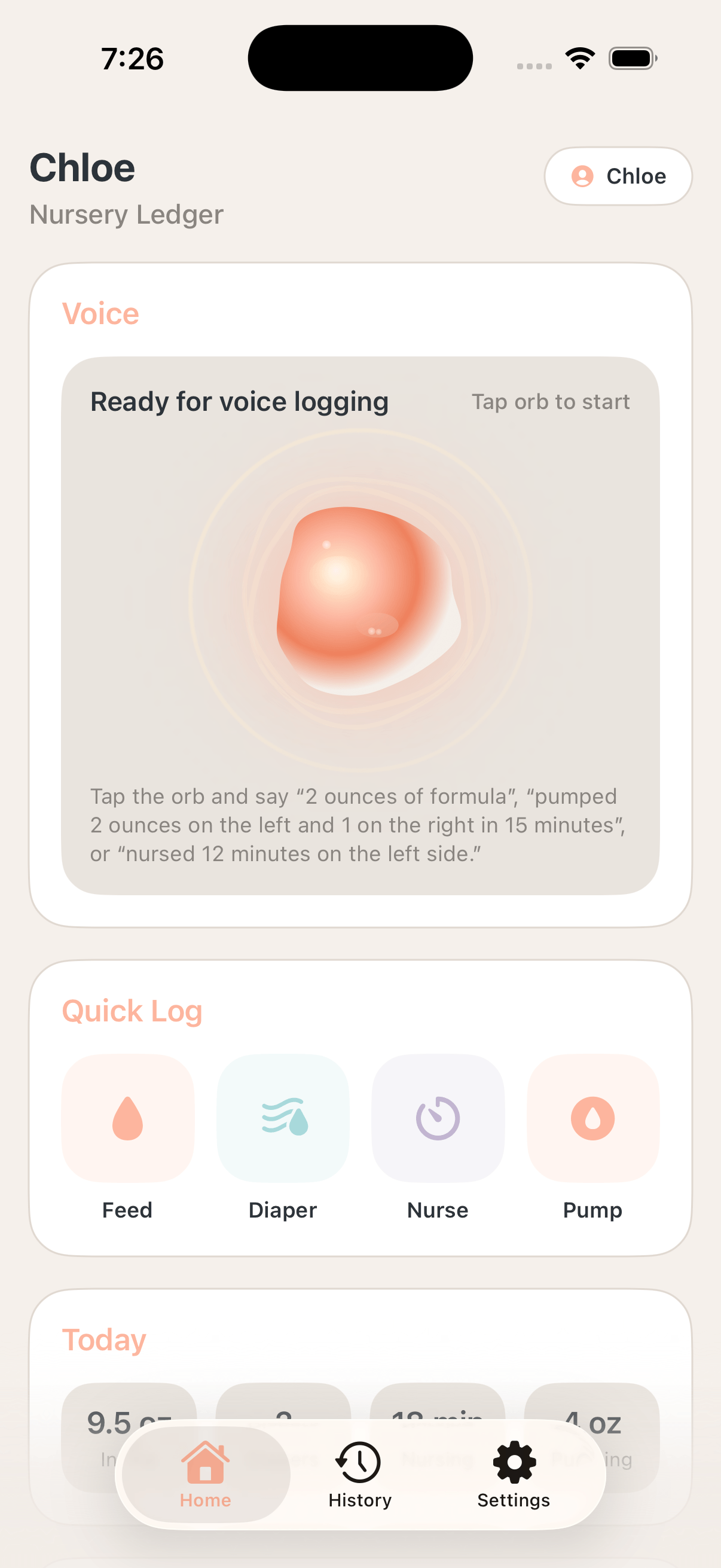 Chloe: Nursery Ledger home screen showing the voice orb, quick log actions, and today's totals.