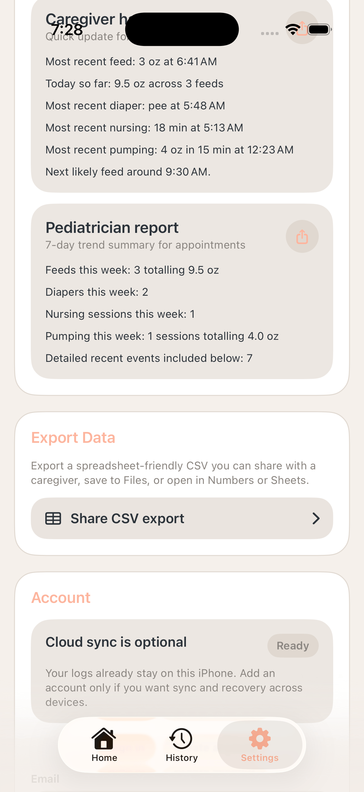 Chloe: Nursery Ledger settings screen showing caregiver handoff sharing, pediatrician report sharing, and CSV export.